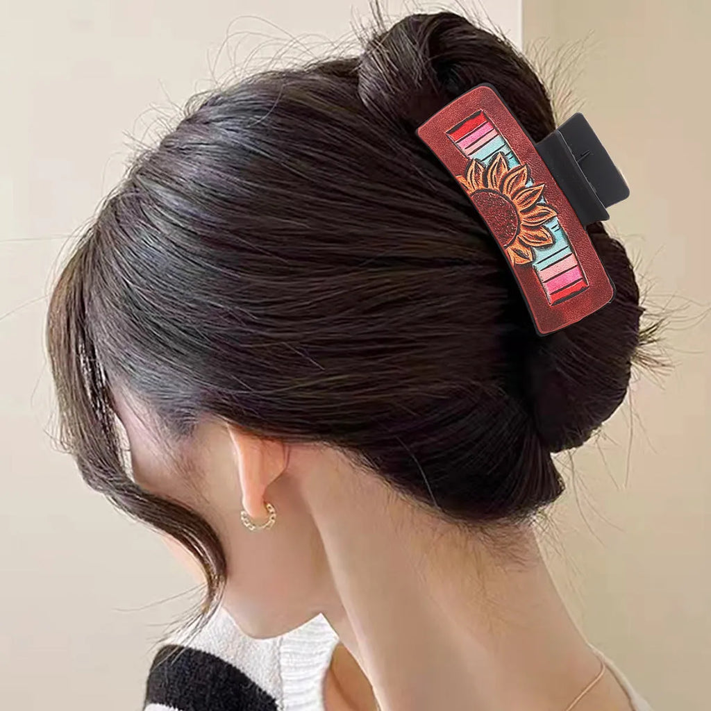Gray artificial leather barrette with sunflower design and denim style texture for women