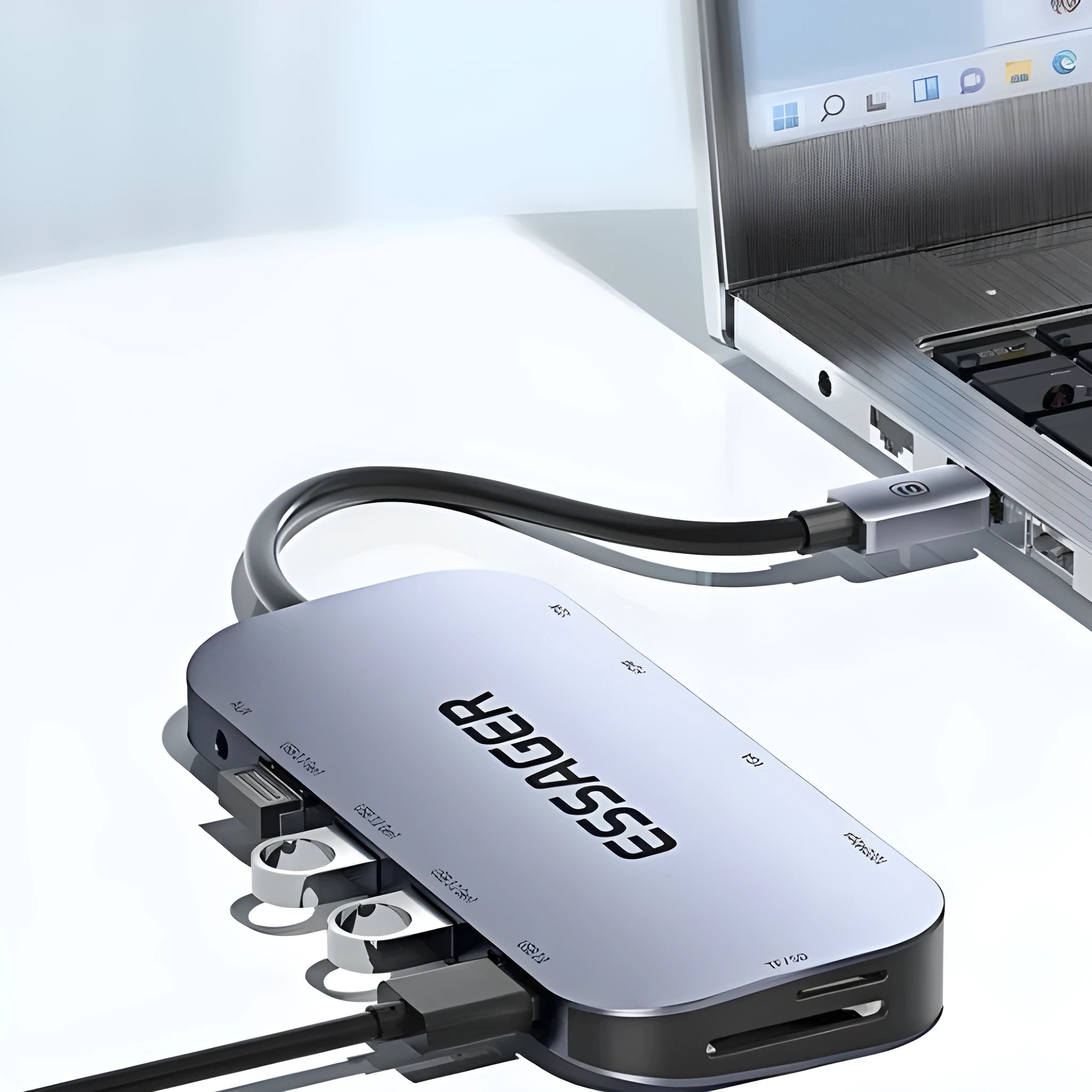 11-in-1 USB-C expansion hub showing multiple ports including Ethernet, HDMI, VGA, USB, and a card reader.
