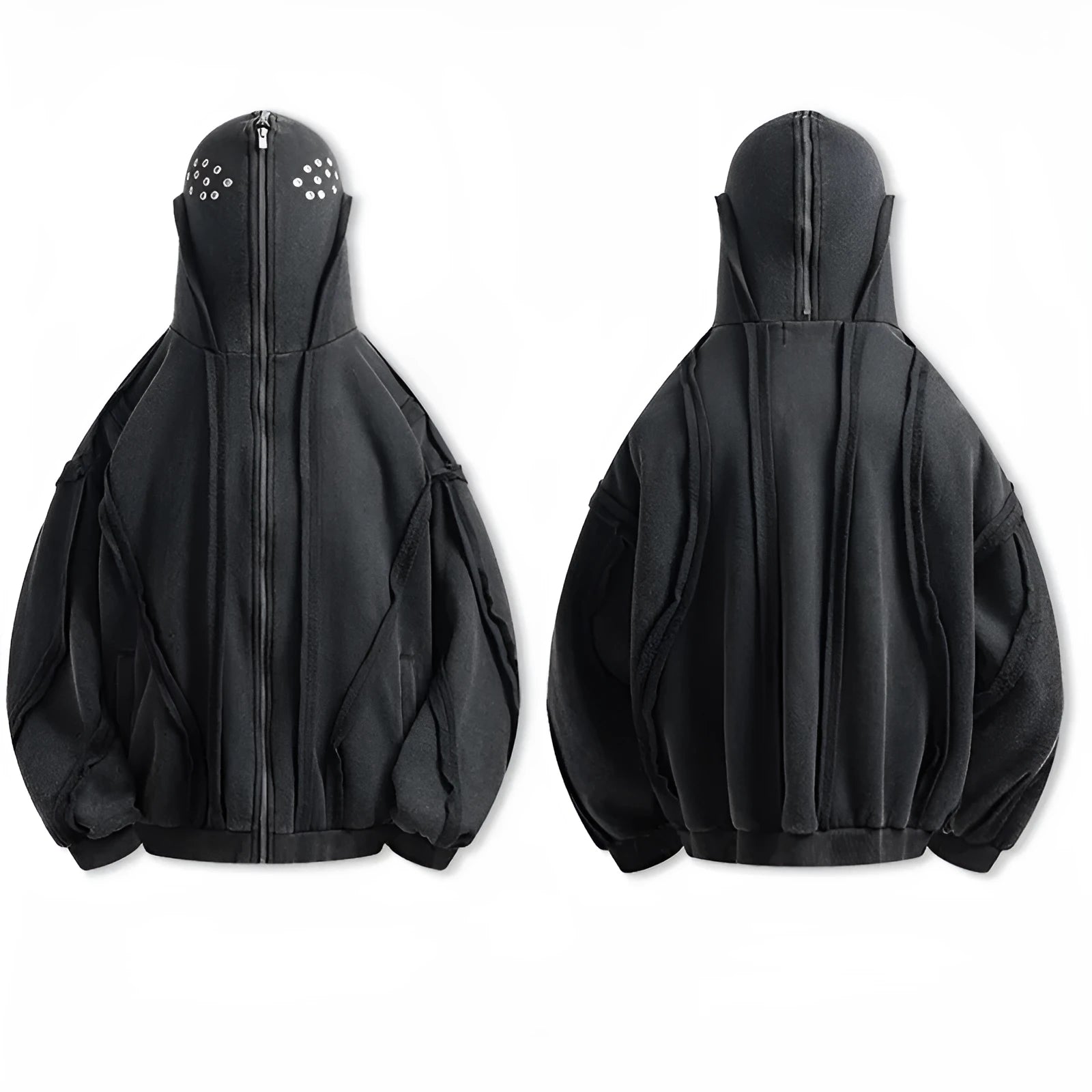 Man wearing a black retro-style zip-front cotton hooded coat with abstract pattern.