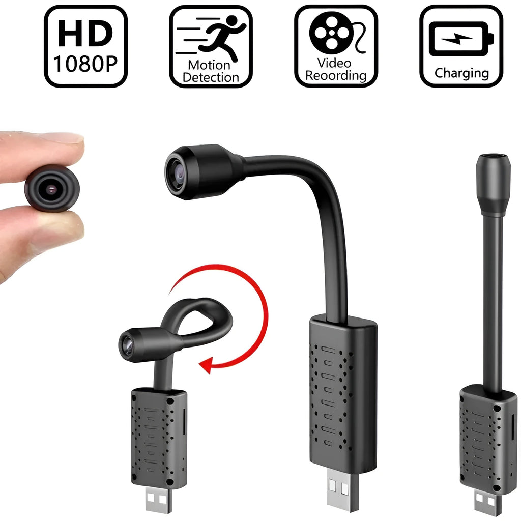 Black V380 wireless USB HD camera showing compact size and USB connection port.