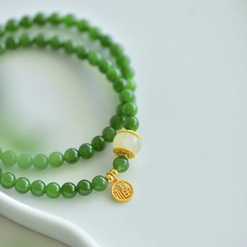 Women's double circle Hetian jade bracelet with fu character in original geometric design