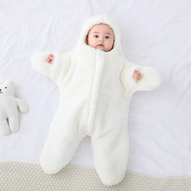 Lamb velvet baby sleeping bag with hood and zip in pink, grey, blue, or khaki colours