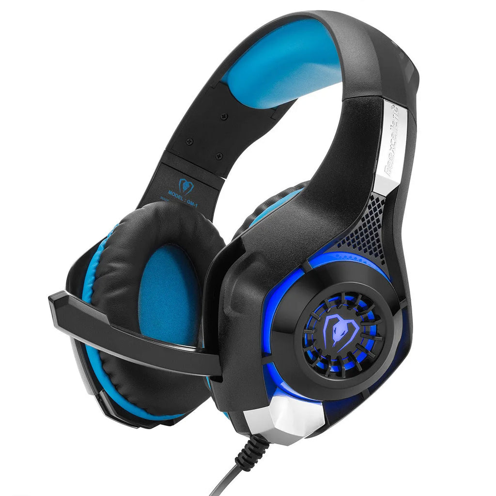 Beexcellent GM-1 gaming headset with blue LED lights, padded ear cups, and braided cord on a desk