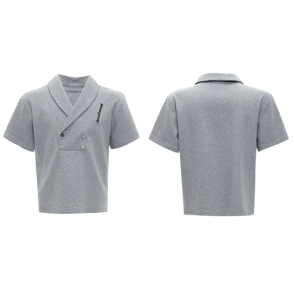 Men's dark grey cotton sports suit with padded shoulder V-neck jacket and matching shorts featuring metal embellishments