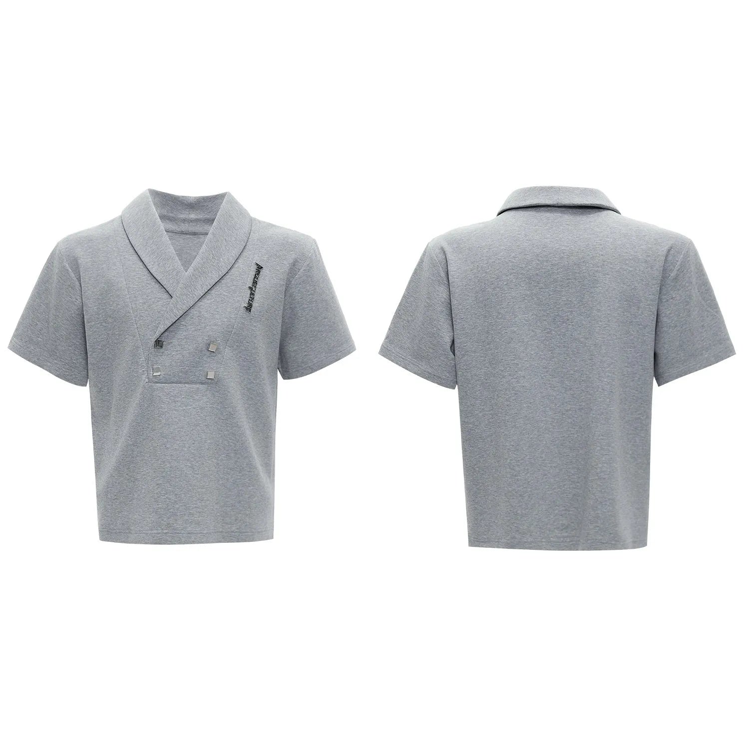 Men's dark grey cotton sports suit with padded shoulder V-neck jacket and matching shorts featuring metal embellishments