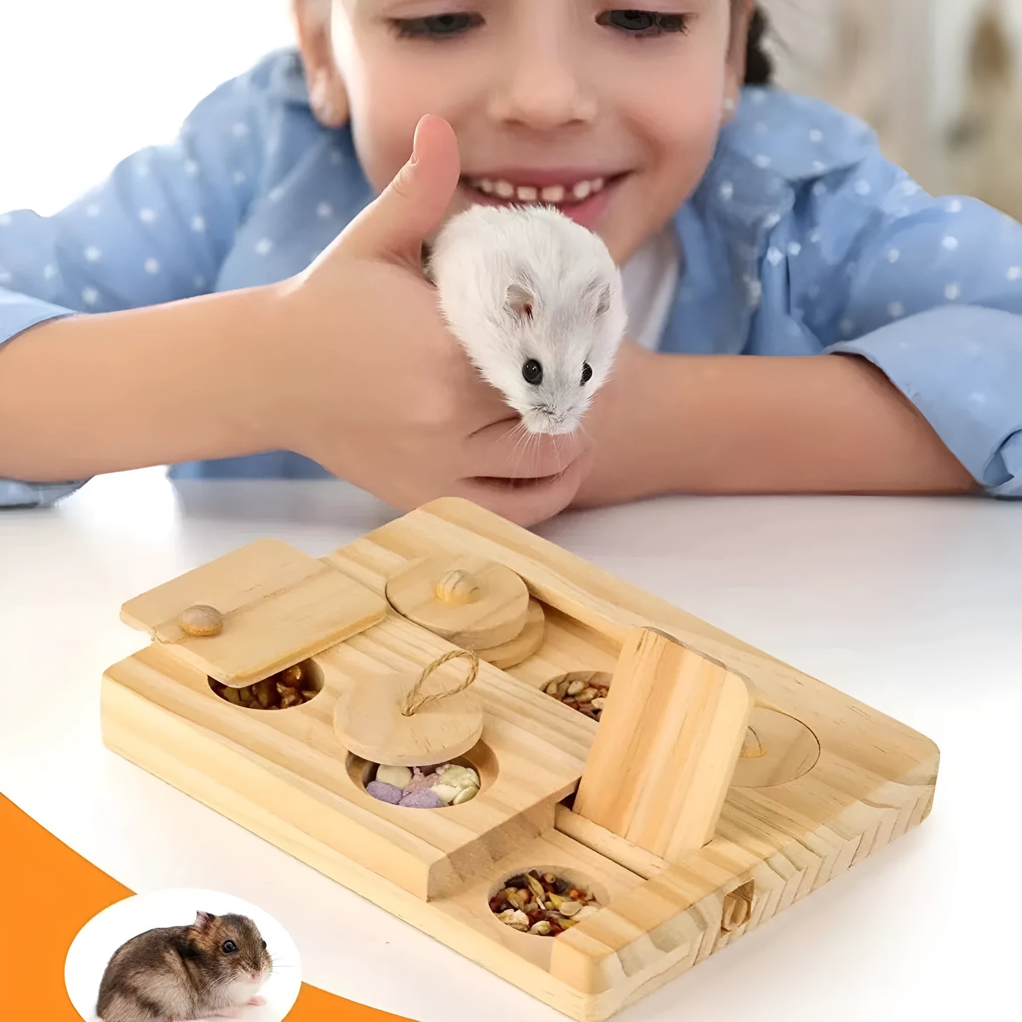Wooden hamster feeder in natural wood colour on a flat surface