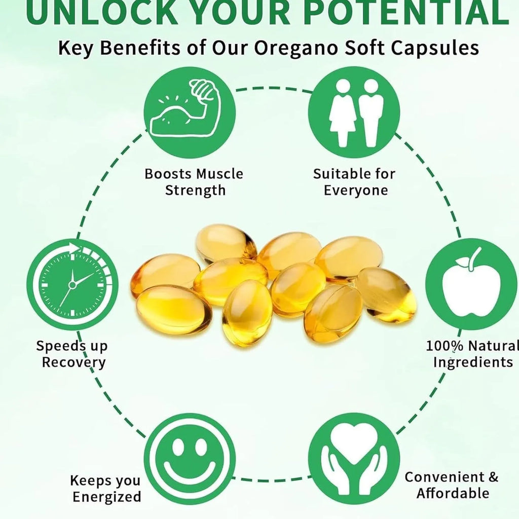 Bottle of black seed oil and olive oil capsules with 60 or 180 count options on a white background