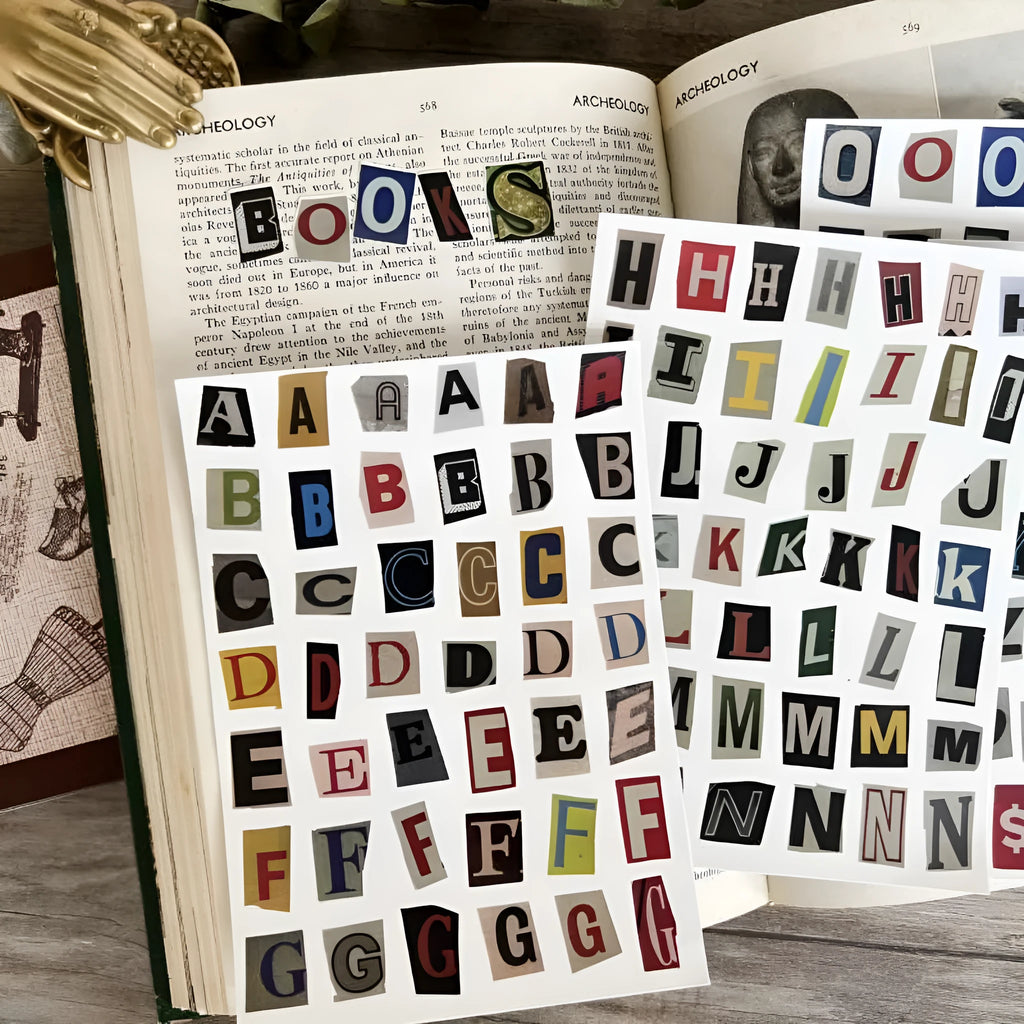 Set of English letter and number stickers with weekly words in printed cute style for crafts
