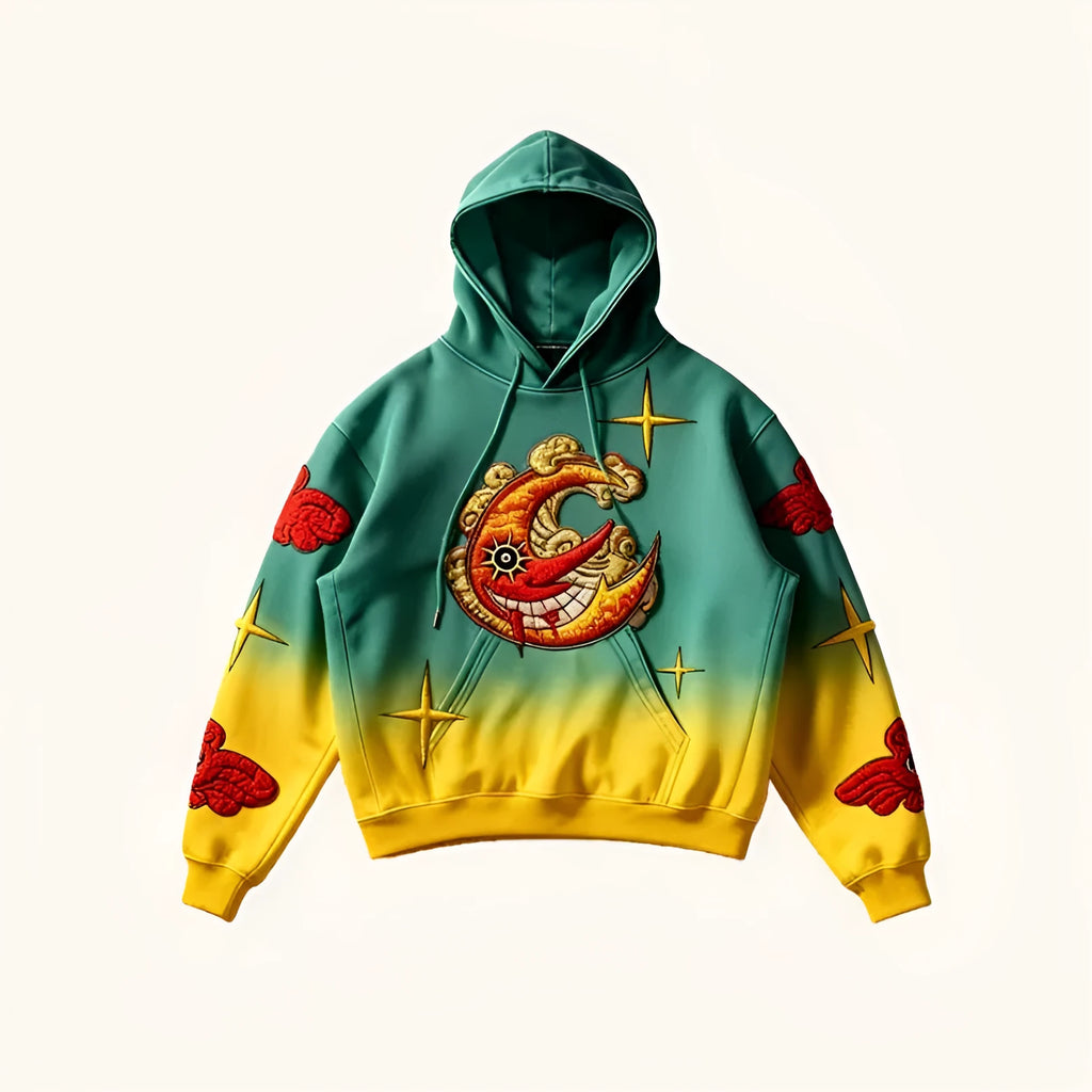 Men vintage print loose-fit hoodie sweater in green yellow with hood and long sleeves