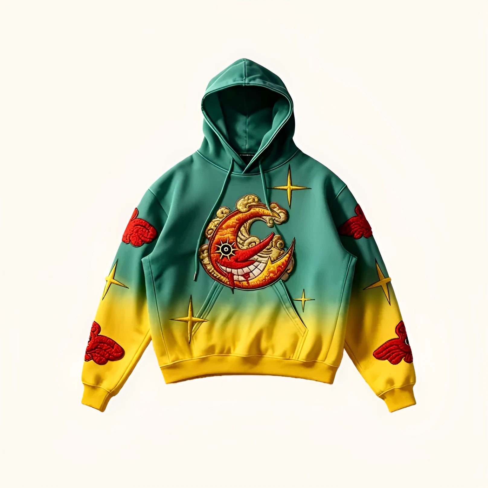 Men vintage print loose-fit hoodie sweater in green yellow with hood and long sleeves