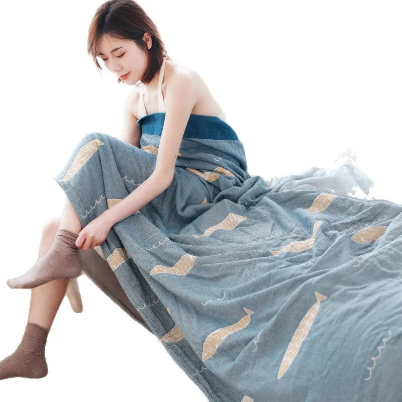 Pure cotton five-layer gauze bed sheet blanket in roulette wheel blue pattern for summer use
