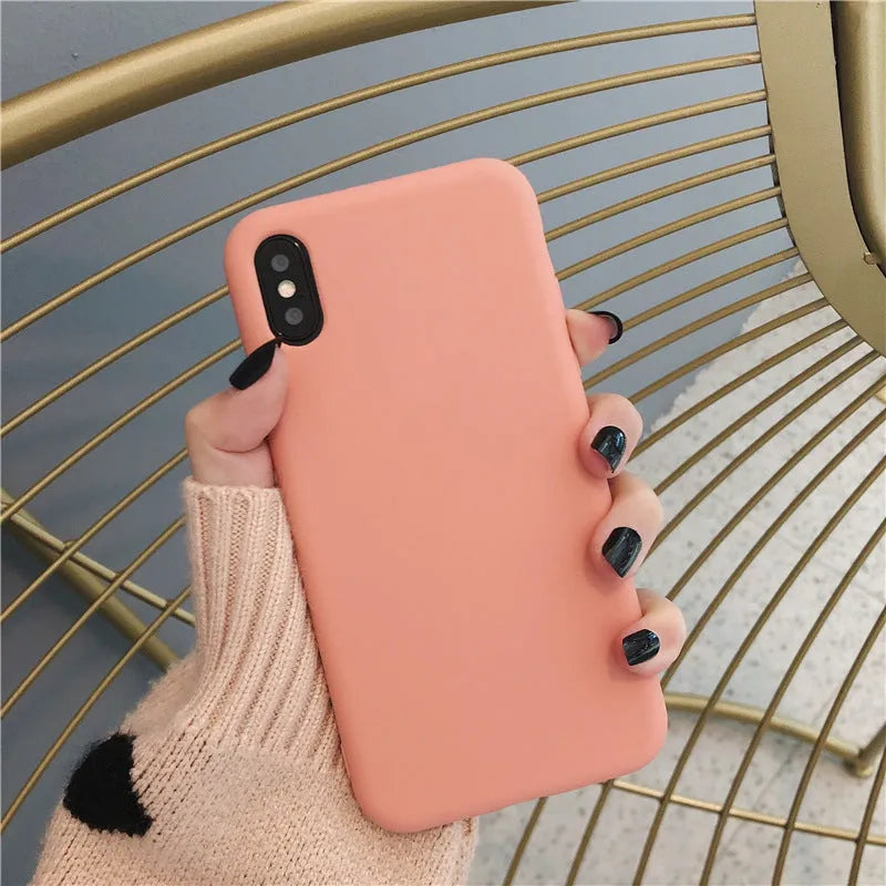 Silicone phone case for iPhone shown in wine red, light blue, grey, dark green, begonia, rose gold, bean green, and black colours.