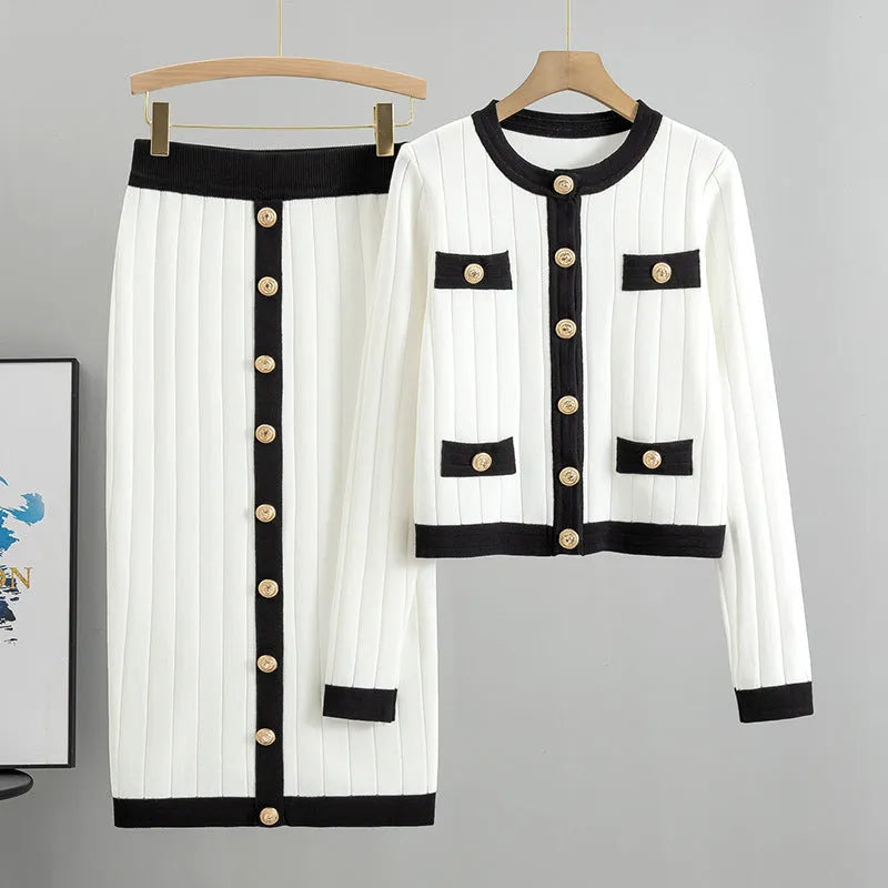 Women's knitted cardigan and midi skirt two-piece set in viscose fibre with contrast colour detail