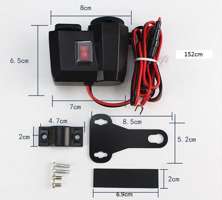 Black motorcycle USB waterproof charger with voltmeter and dual ports for handlebar or rearview mirror mounting