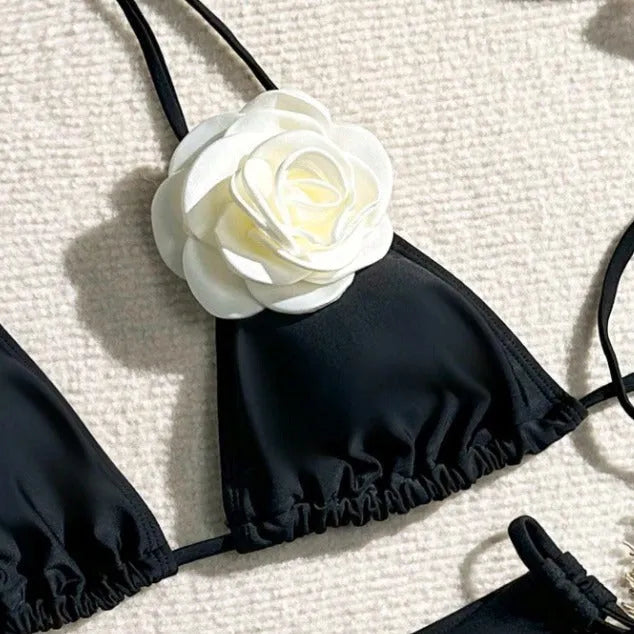 Black 3D flower pattern bikini swimsuit with drawstring waist and backless design