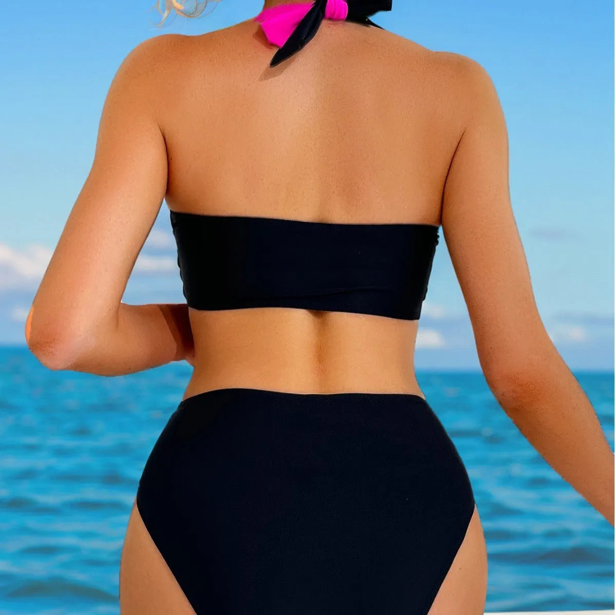 Women's halter colour-block high waist bikini set in black nylon fabric with top and pants