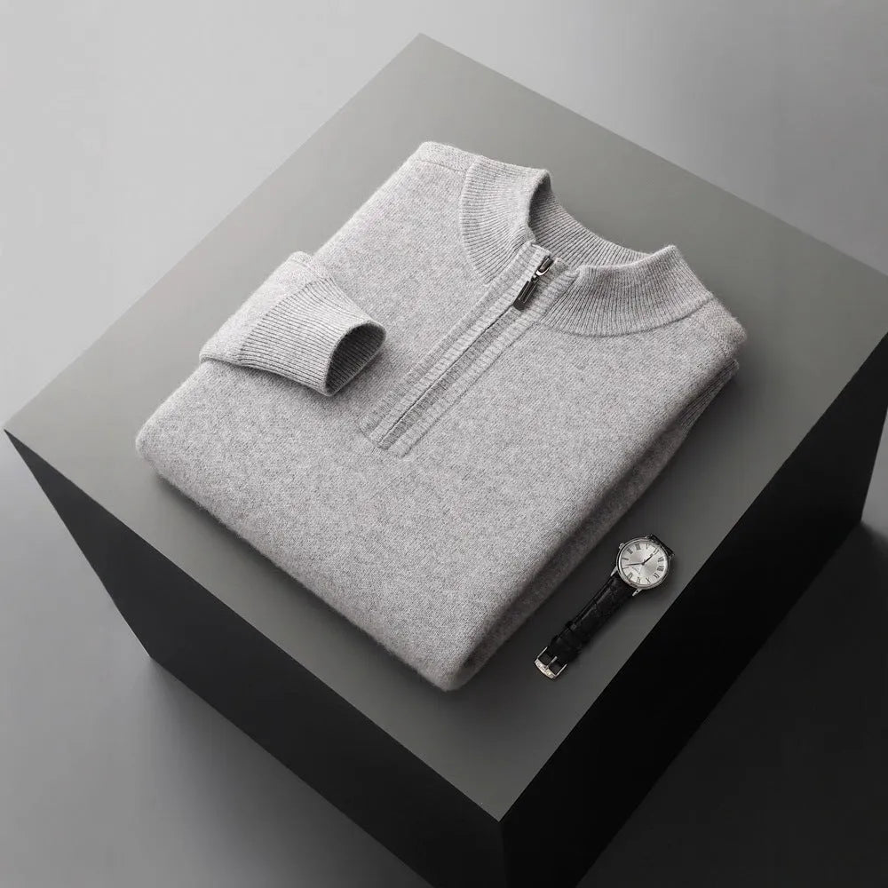Men's seven-needle cashmere half-zip knit sweater in camel, dark gray or light gray, sizes S to XXXL