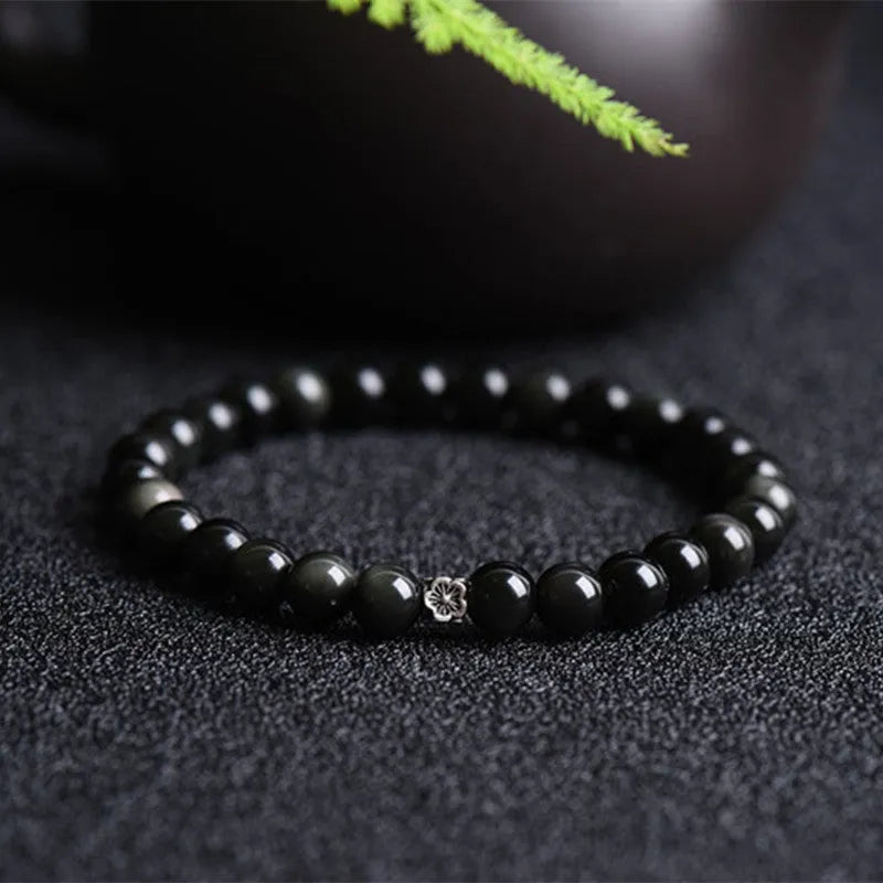 Natural obsidian bracelet with S925 silver flower accessories and dragon phoenix decorations, 6mm beads