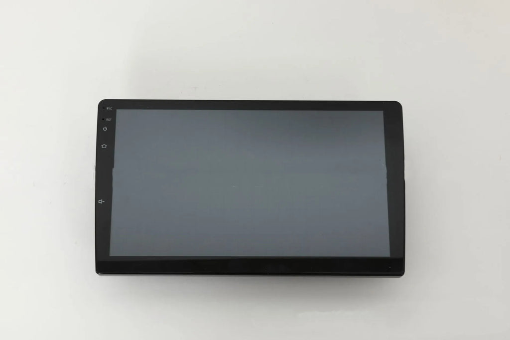 Black 10.1 inch Android car head unit with touch screen display showing navigation interface