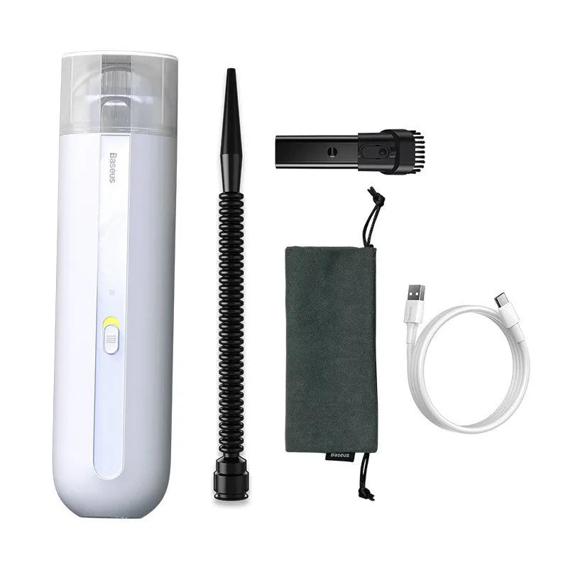 BASEUS wireless handheld car vacuum cleaner in black, white, or green with blowing hose.