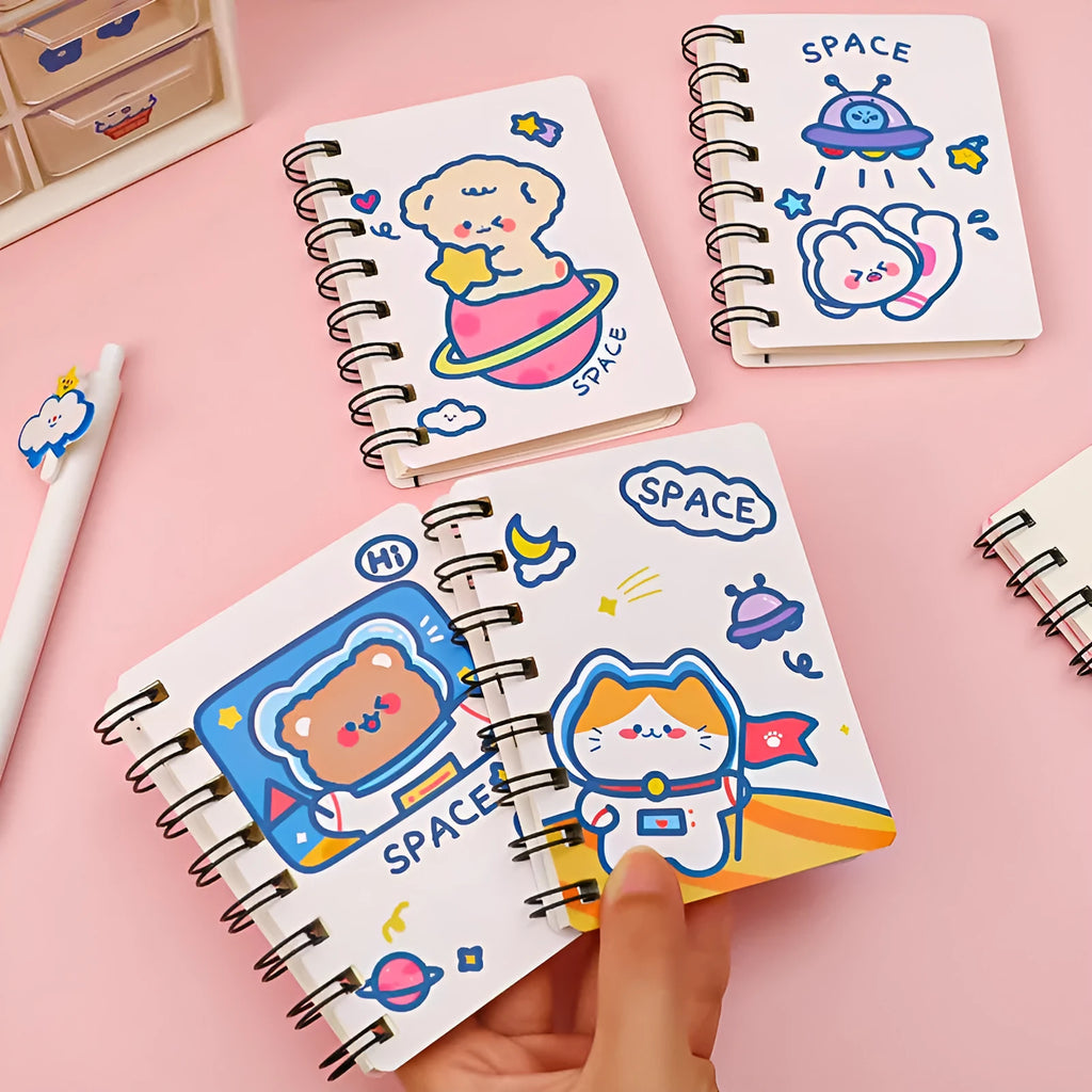 Astronaut Series pocket flipper notebook showing 10.5 by 8 cm size with choice of four space-themed cover designs.