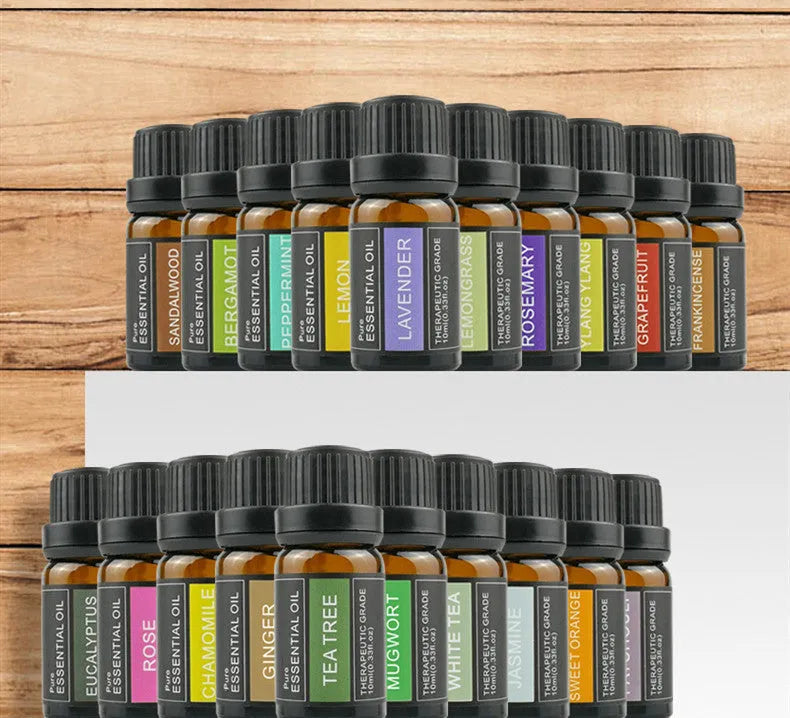 Six 10ml aromatherapy massage oil bottles with lavender, tea tree and citrus essential oil blends