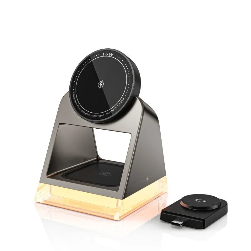 Black three-in-one magnetic wireless charger with small night lamp and Type-C cable for phone watch headset