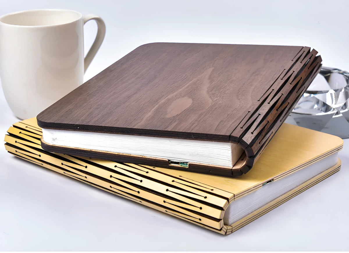 LED folding book light with wooden cover, USB rechargeable, 215 x 165 x 30mm, walnut or white maple