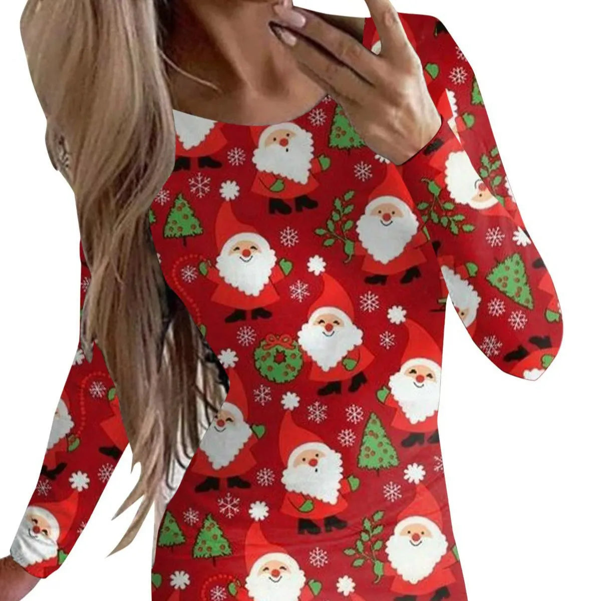 Red Christmas animal print dress with long sleeves and round neck, showing tight-fitting hip skirt design