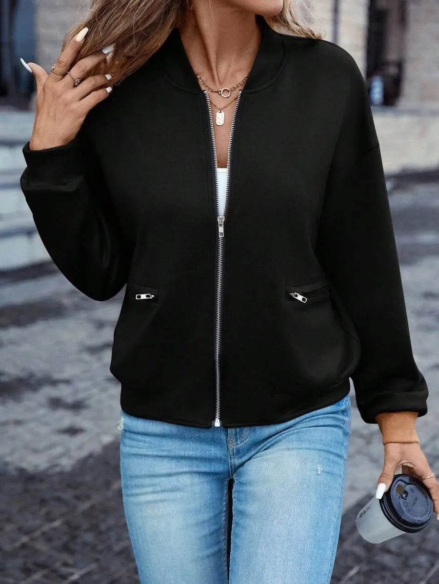 Black women's casual zip jacket with long sleeves and faux pocket detail.