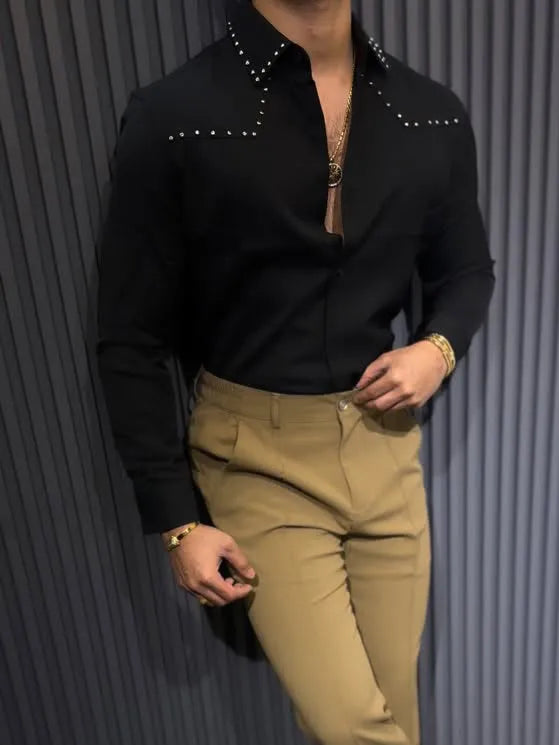 Black polyester button-down collar shirt with regular fit, front view, on plain background.