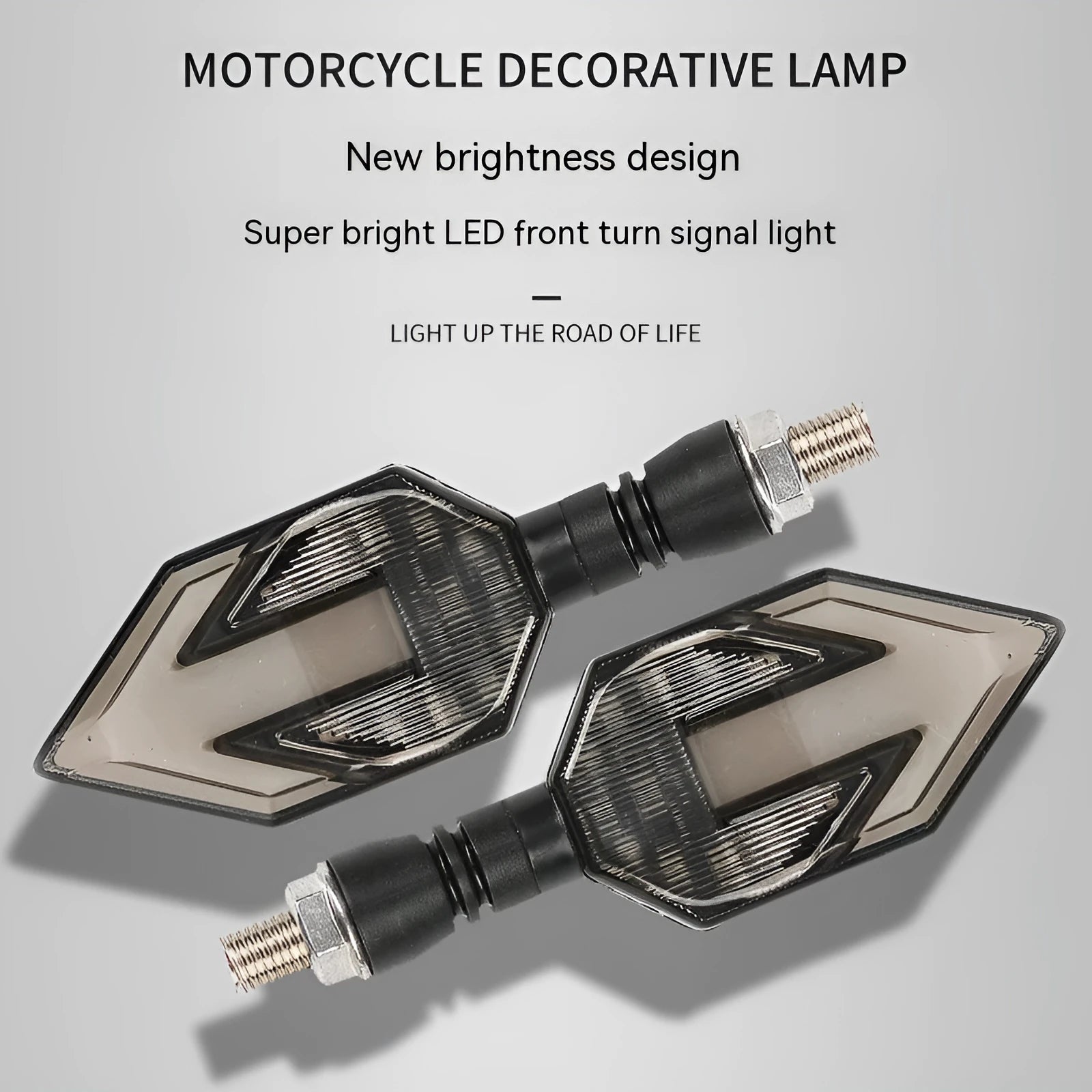 Arrow-shaped LED motorcycle indicator lights showing yellow with blue, red, or white lighting options