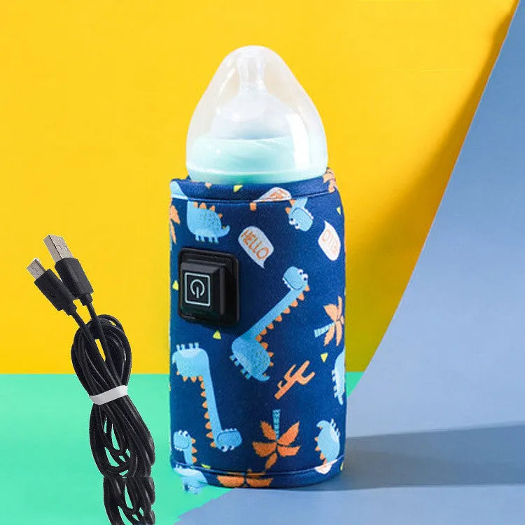 Blue dinosaur design USB baby bottle insulation cover with thermostatic heating.