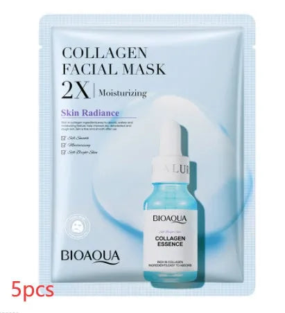 Single 30g collagen and hyaluronic acid facial sheet mask on packaging, with Centella, Vitamin C, Collagen variant options.