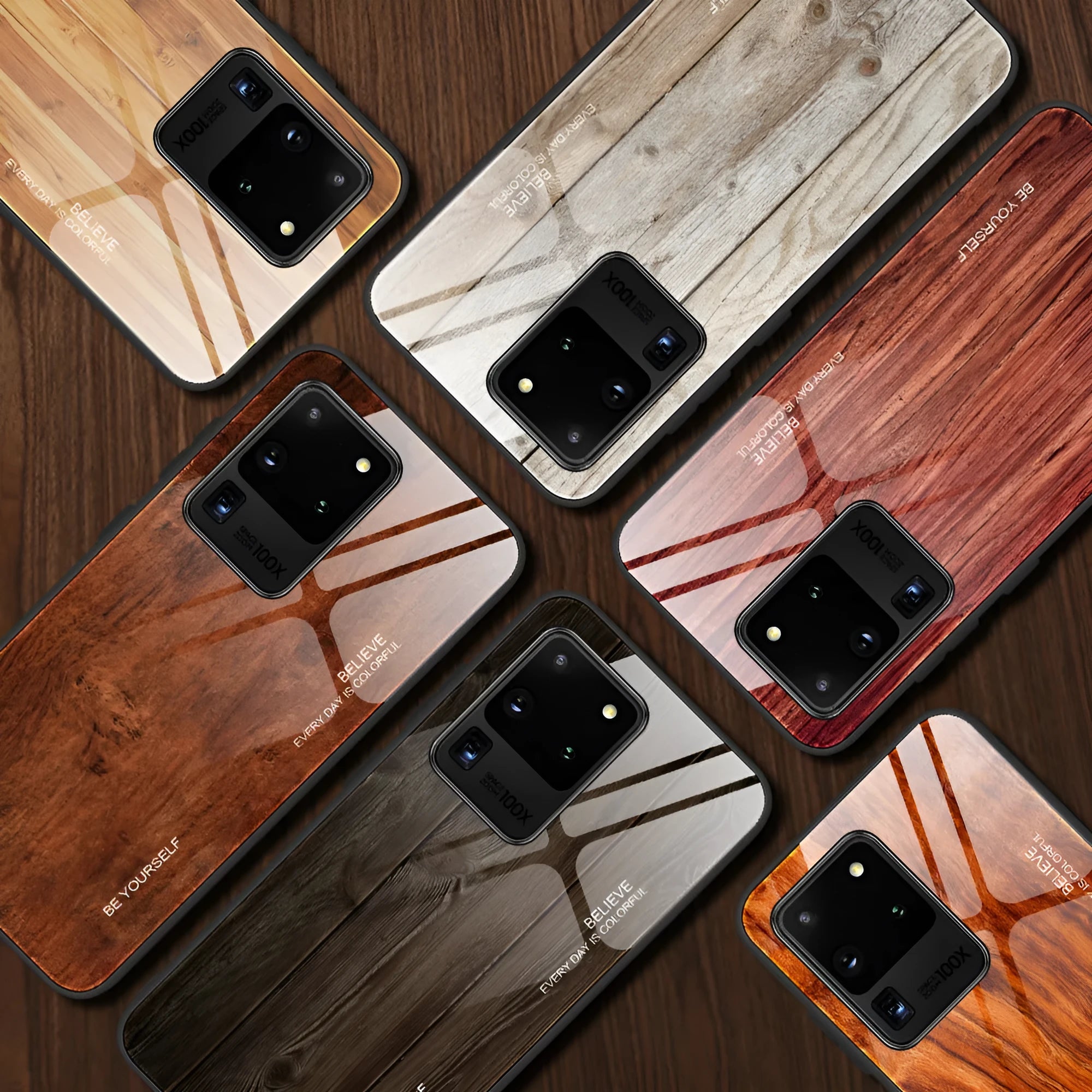 Wood grain tempered glass phone case for Samsung models A10S to S20 Plus, six colour options