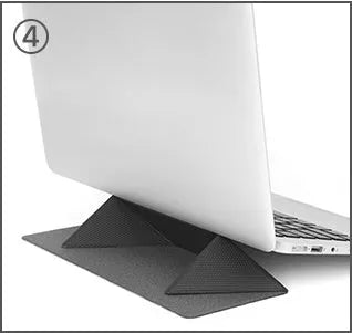 Blue foldable laptop cooling bracket shown open and closed, with an ergonomic viewing angle.