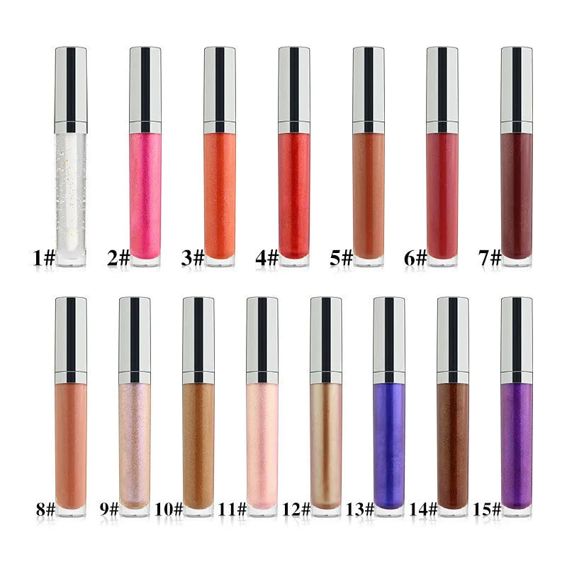 Pearl lip gloss logo-free round tube with moisturising clear lip oil, available in multiple colour styles