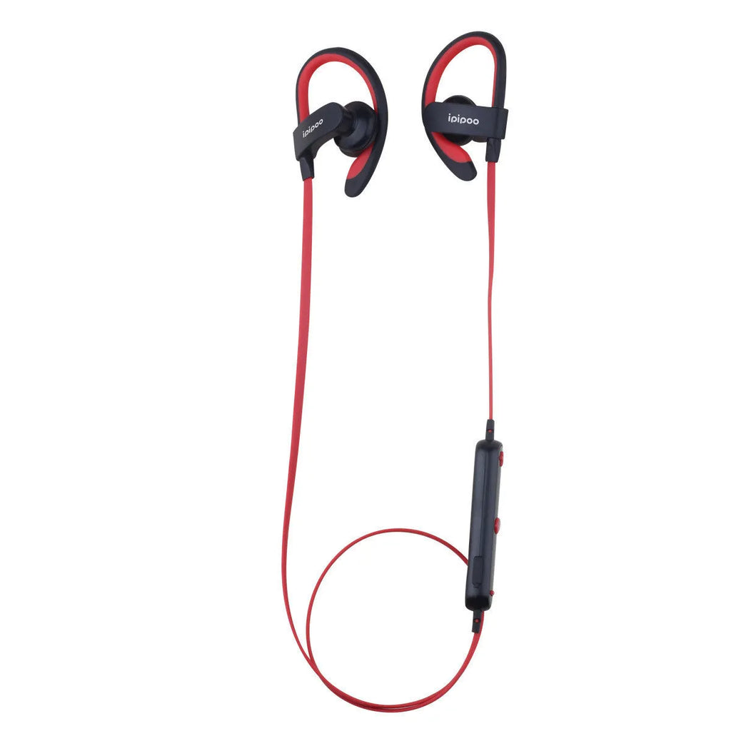 Wireless sports running headphones in blue, grey, red, and yellow colours showing earplug design.