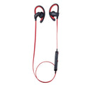 Wireless sports running headphones in blue, grey, red, and yellow colours showing earplug design.