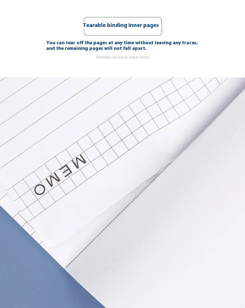 A4 paper cover notebook with grid-lined ivory pages and wireless adhesive binding.