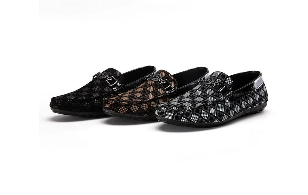 Lazy man plaid shoes in Black, Khaki, and White with shallow opening and flat heel