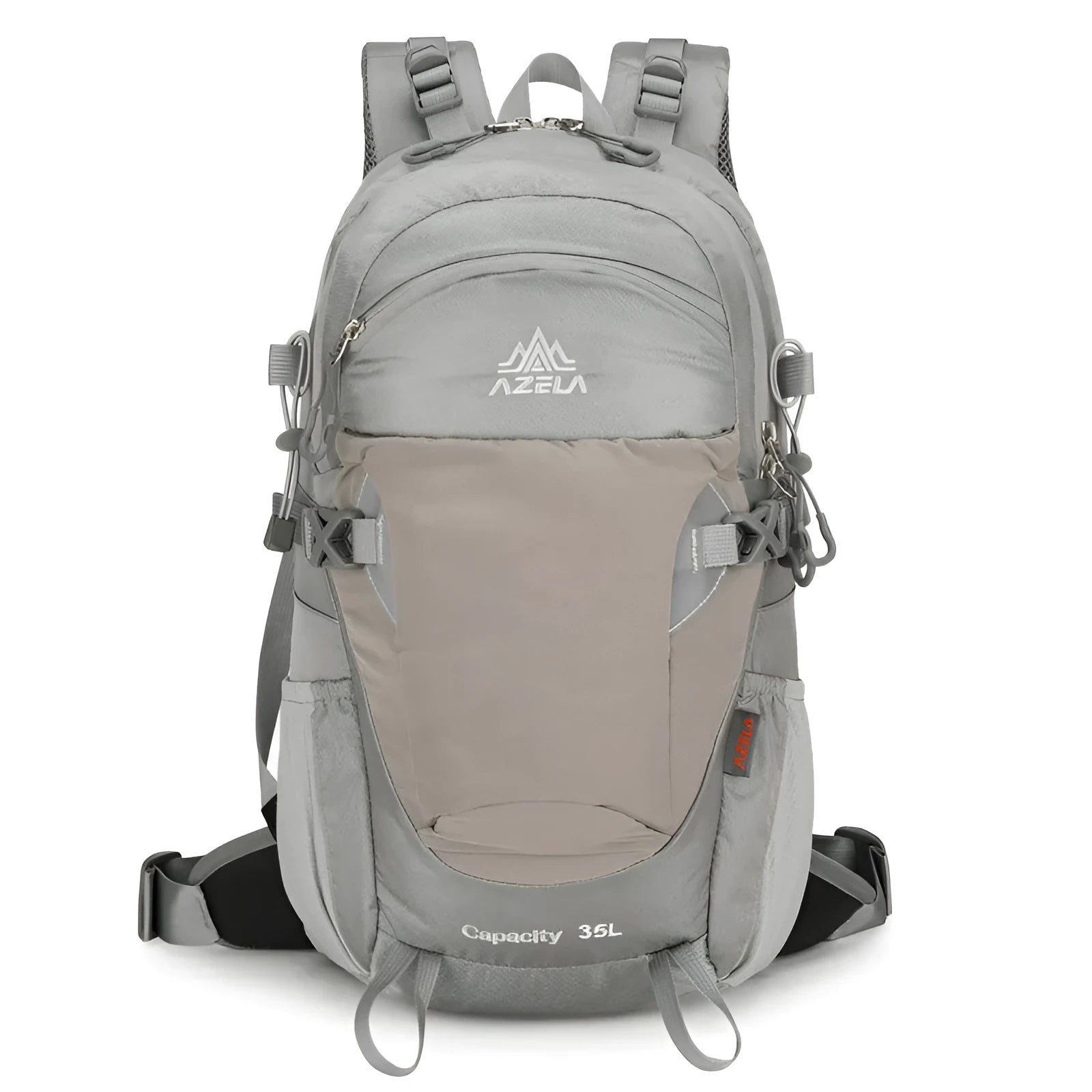 AZELA grey hiking backpack with adjustable straps on rocky trail outdoor setting