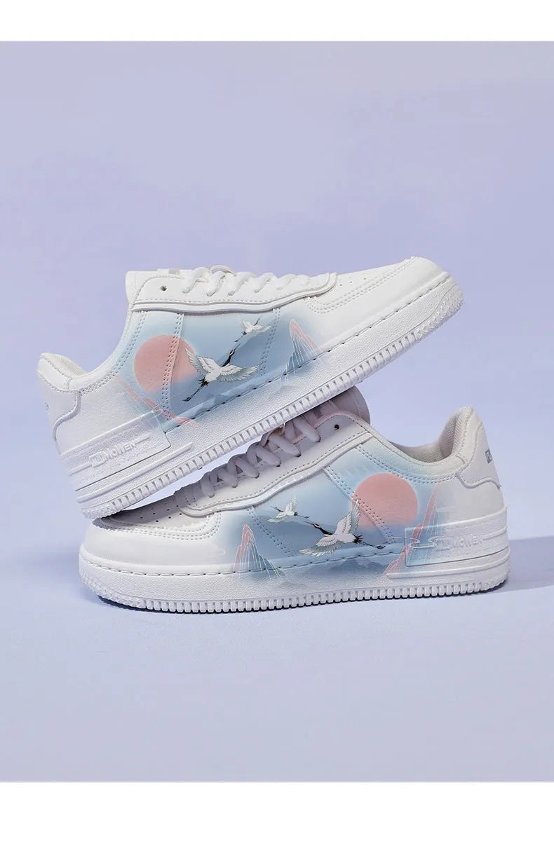 White crane board sneakers low top artificial PU cartoon style white with sky blue laces unisex spring shoes