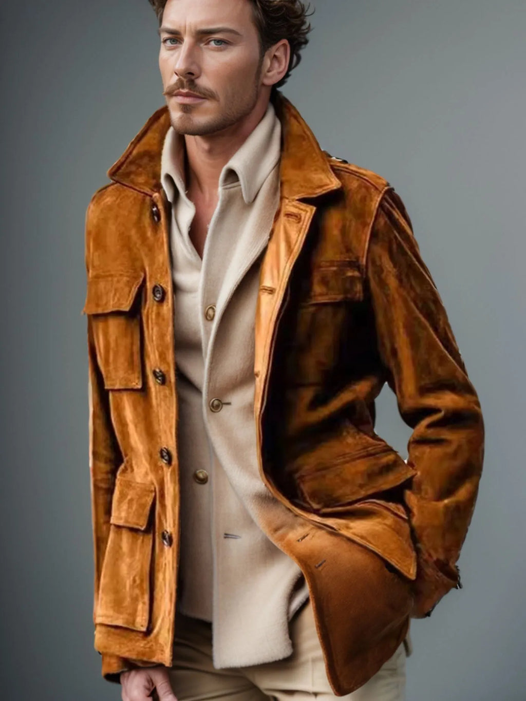 Men's solid colour multi-pocket trench coat in army green, polyester blend, front view