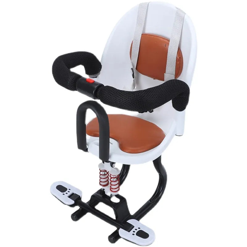 High carbon steel front safety seat for a child's battery scooter in black, red, or white.