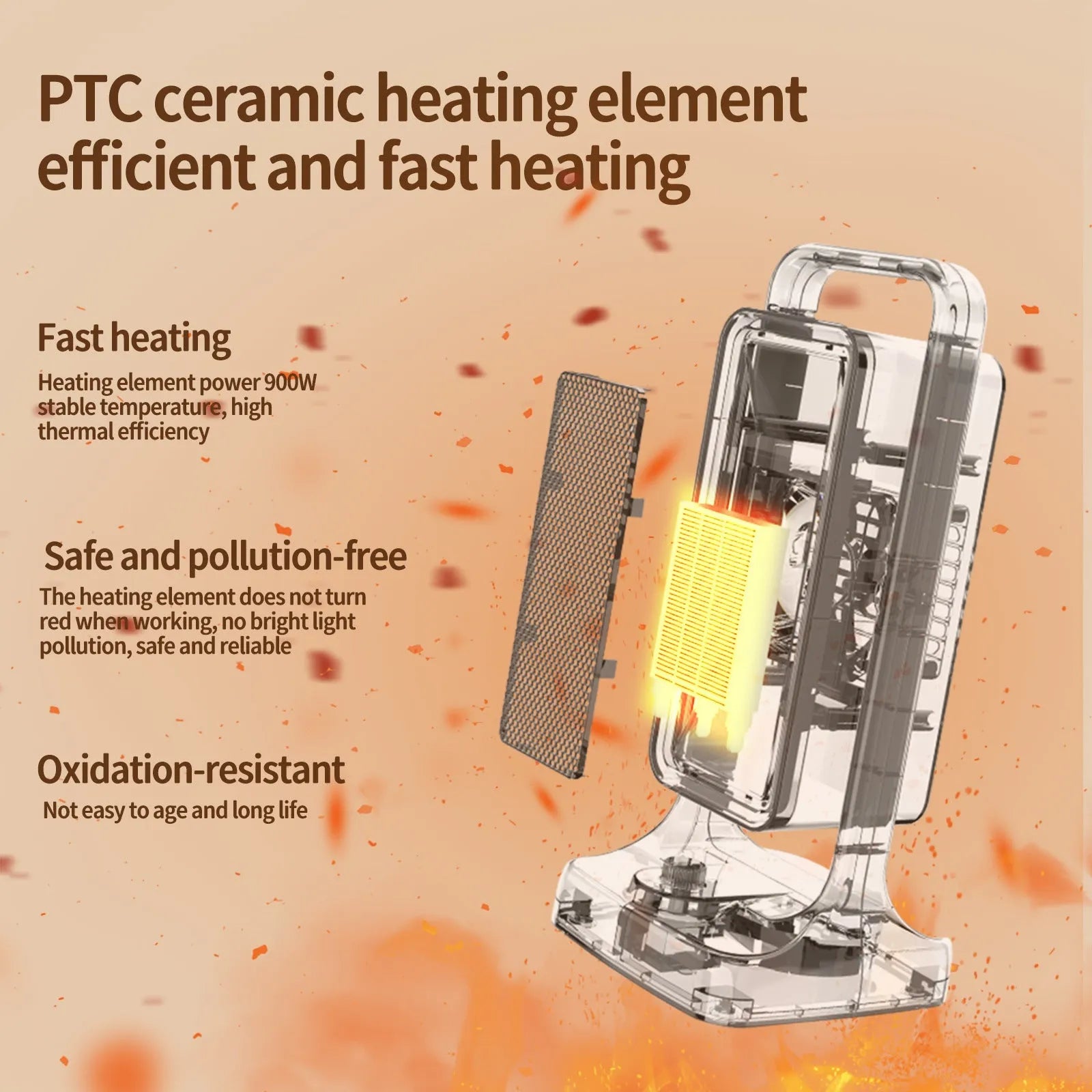 Black PTC ceramic desktop air heater with control knob showing compact dimensions