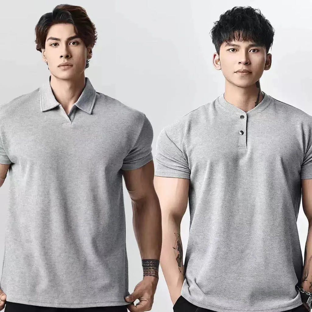 Men's loose fit polyester T-shirt in solid colour with choice of Henry or polo collar