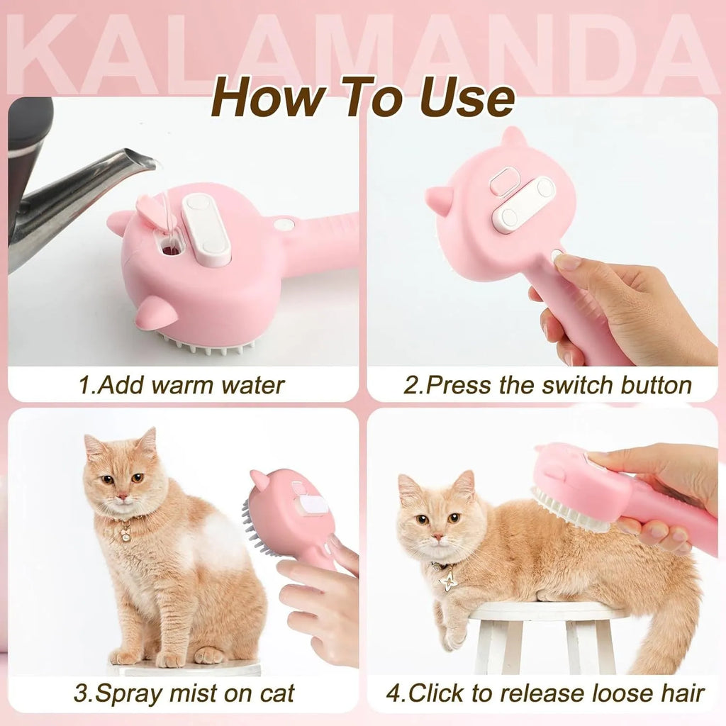 Blue cat ear-shaped steam brush for pet grooming with soft rubber bristles and release button