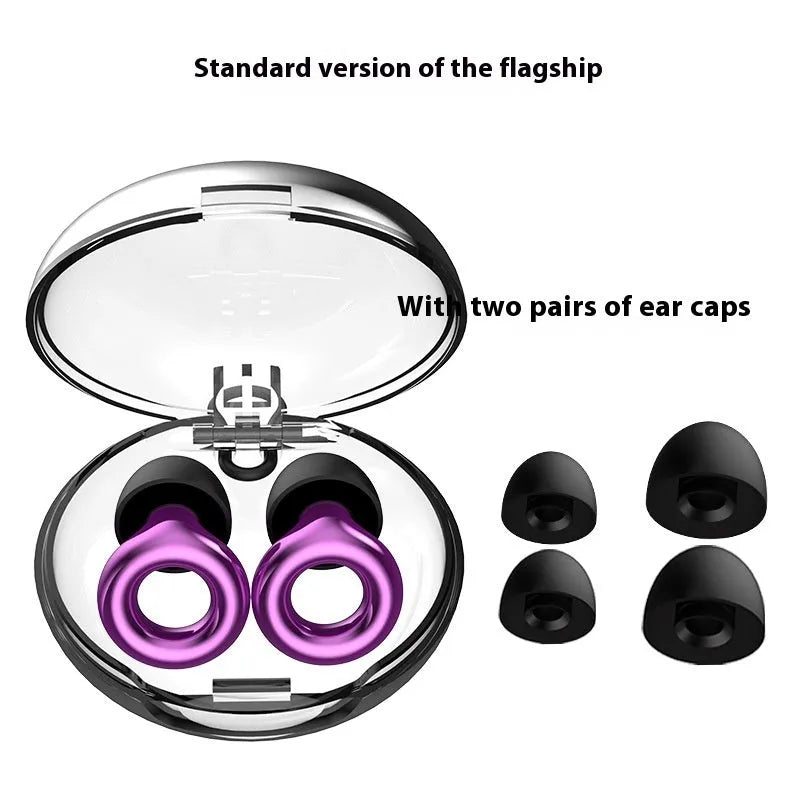 Set of silicone noise reduction earplugs in multiple colours with a storage box and spare ear caps.