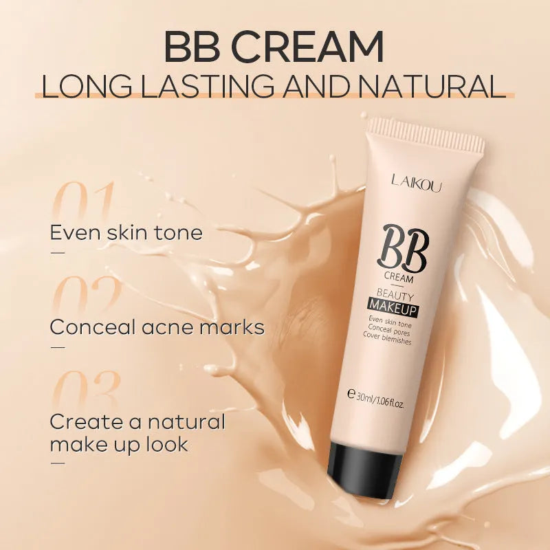 30ml tube of BB cream foundation showing nine shade options from ivory white to dark brown.